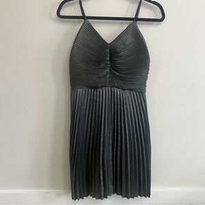NWT Express Shiny Gray Pleated V-Neck Spaghetti Strap Dress Bow Date Night LBD